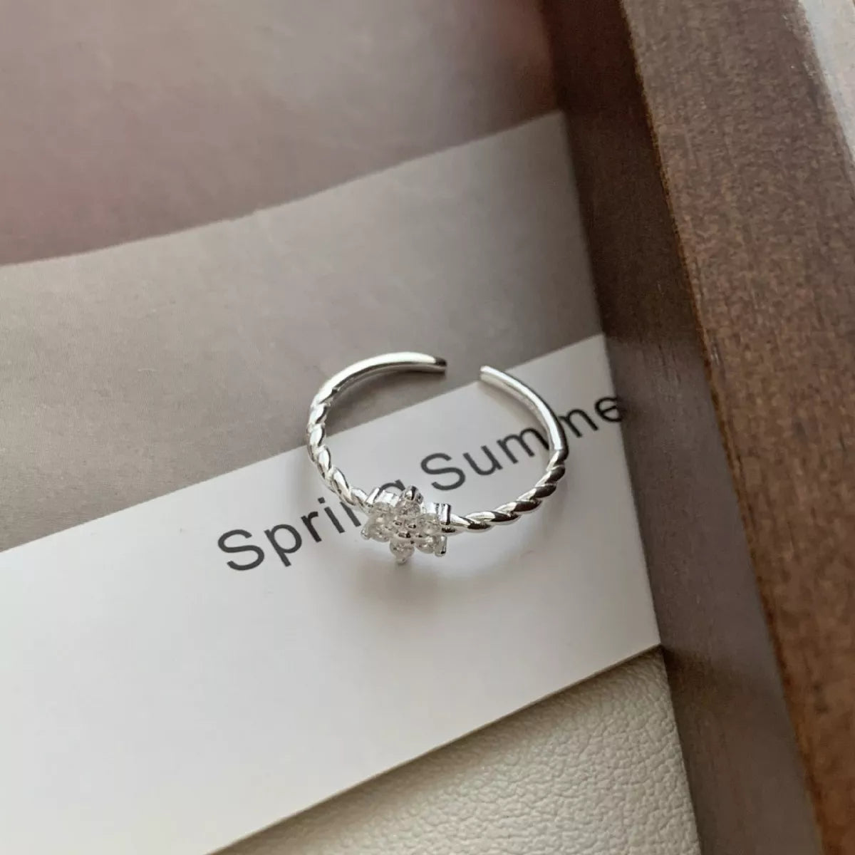 Sterling Silver Zircon Flower Open Ring - alternate ring view