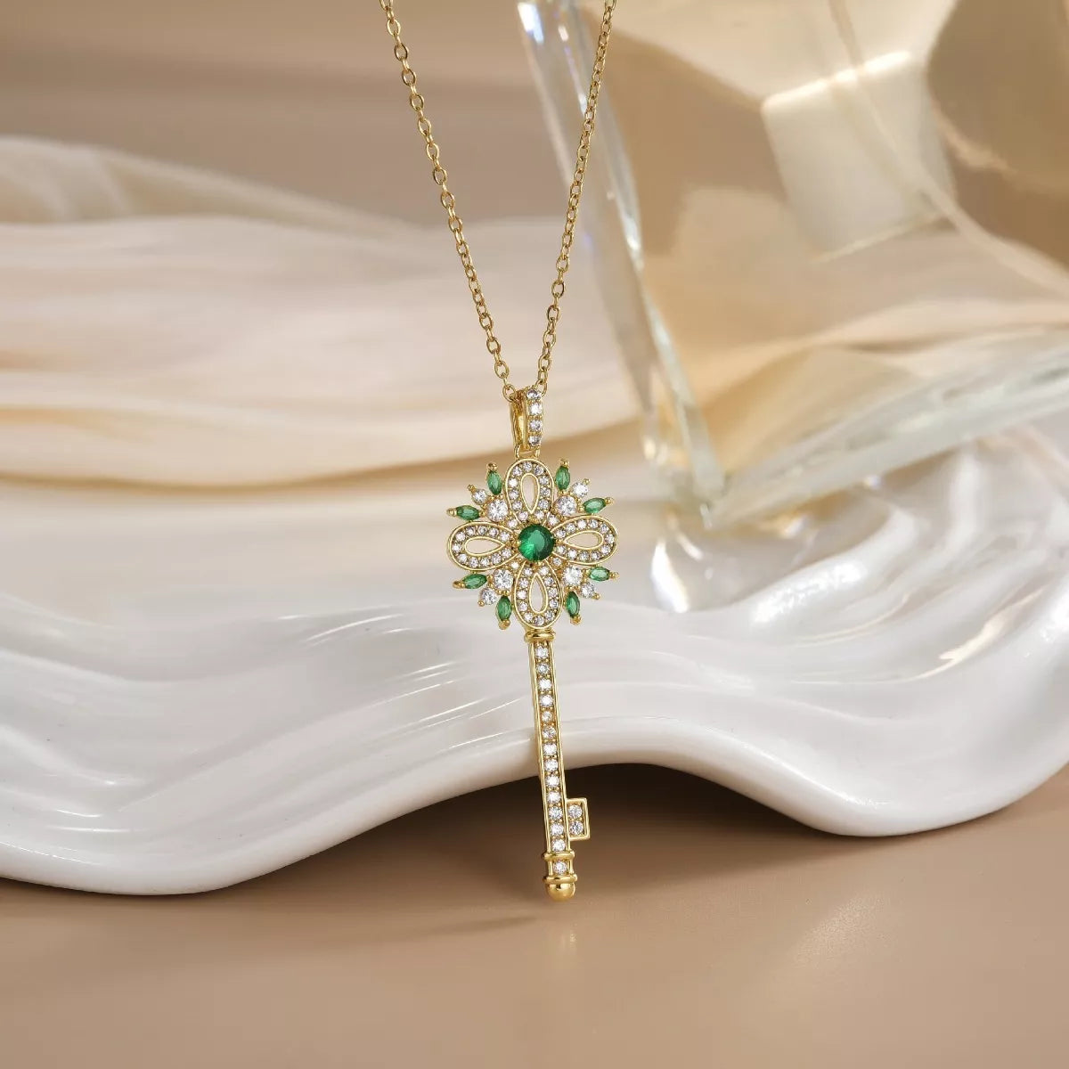 18K Gold-Plated Zircon Key Pendant Necklace - alternate necklace view