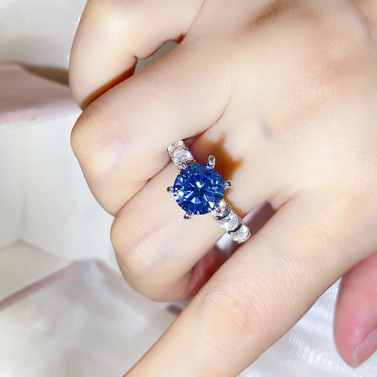 3 Carat Sterling Silver Moissanite Ring in Blue - women's ring