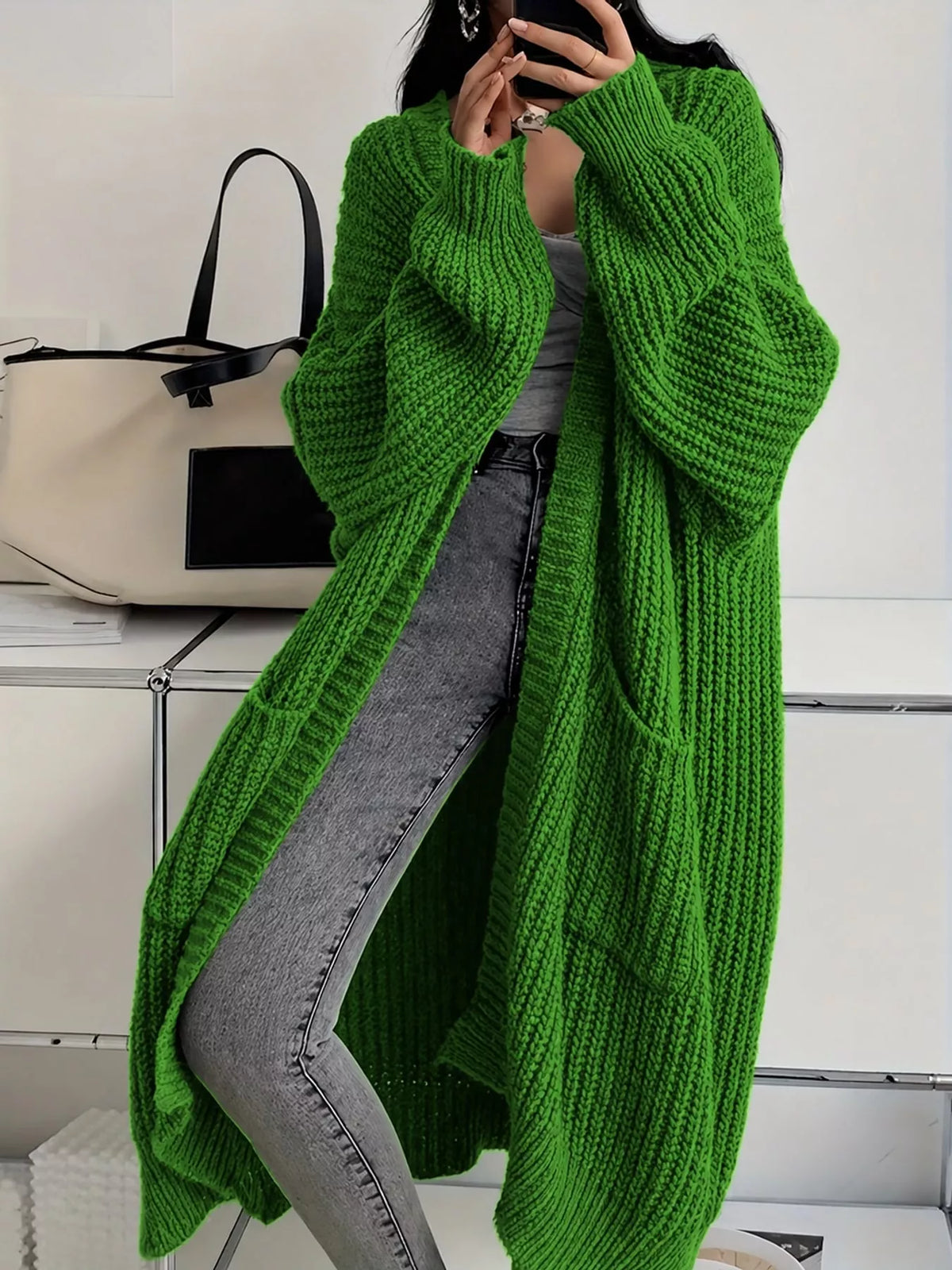 Chunky-Knit Openwork Front Longline Cardigan in Green - women's cardigan
