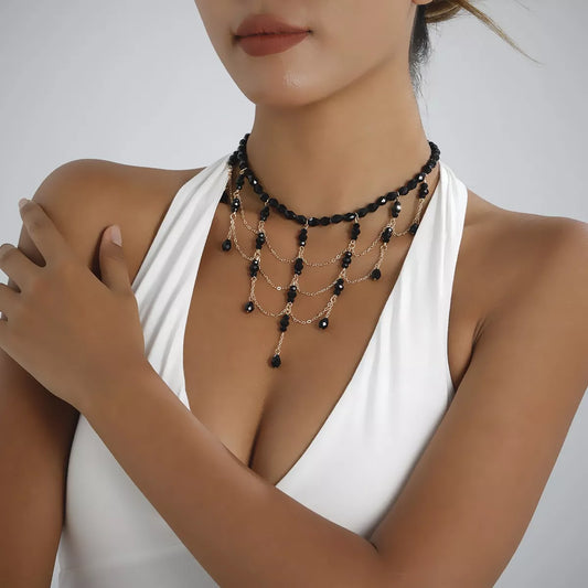 Beaded Choker Necklace with Draping Chains - alternate necklace view