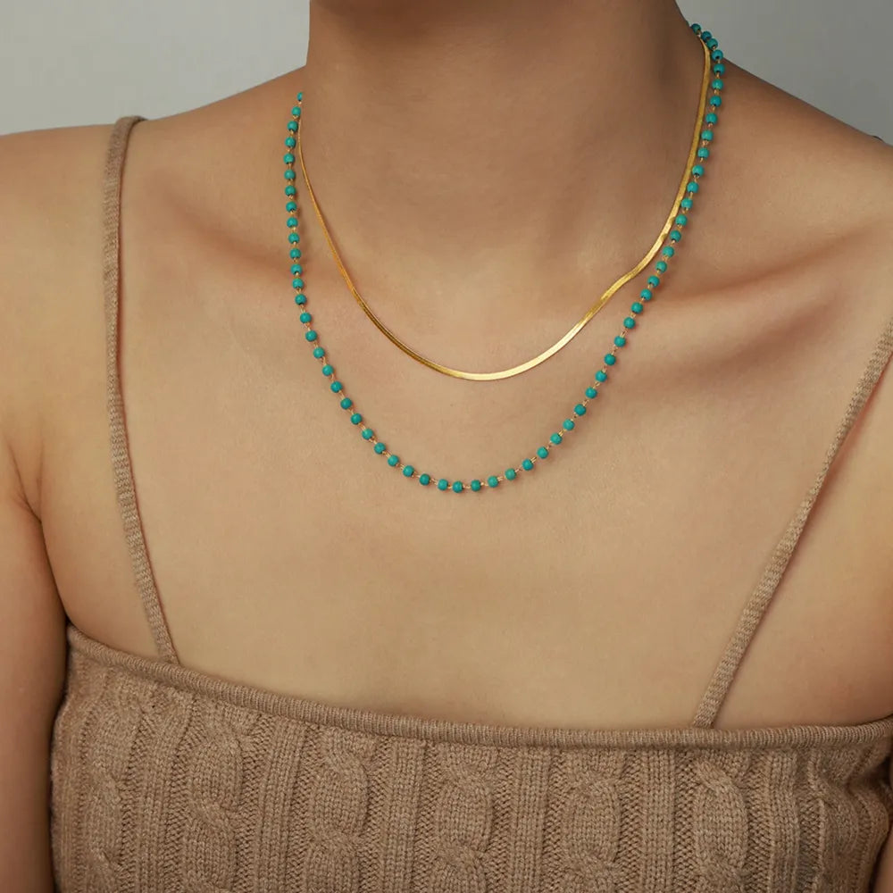 Turquoise Titanium Steel Double-Layered Necklace in Gold - women's layered necklace