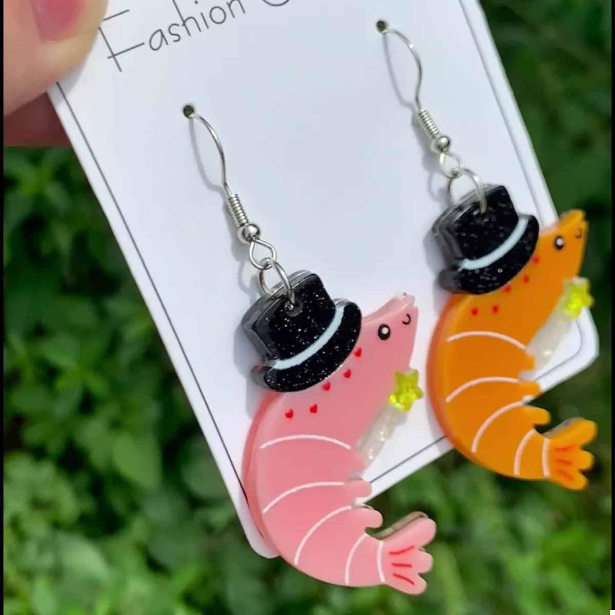 Whimsical Shrimp Earrings with Top Hats - alternate earring view