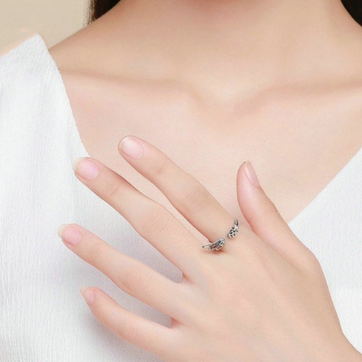 Sterling Silver Zircon Angel Wing Open Ring - alternate ring view