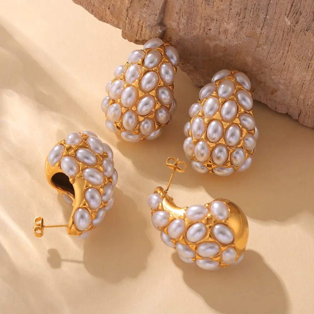 Titanium Steel Inlaid Imitation Pearl Earrings - alternate earring view