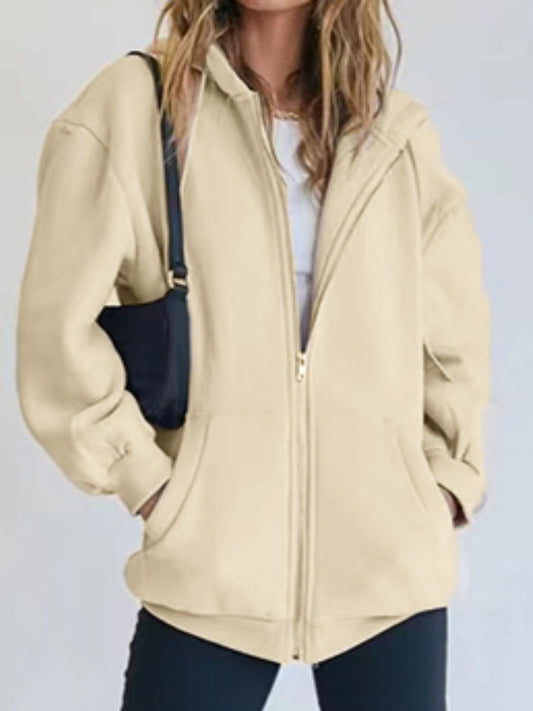 Zip-Up Drawstring Hoodie in Ivory - women's hoodie
