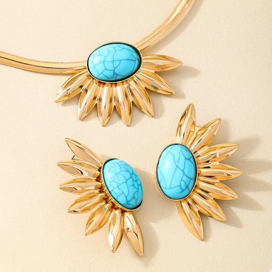 Turquoise Sunflower Necklace and Earrings Set - alternate necklace view