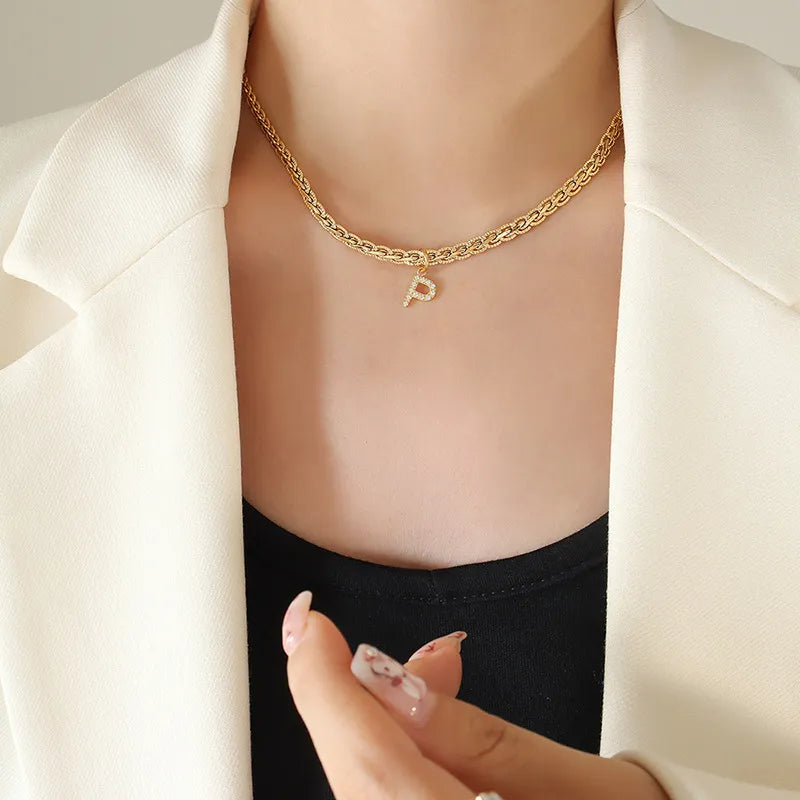 Brass Inlaid Zircon Letter Pendant Necklace in Style P - women's pendant necklace
