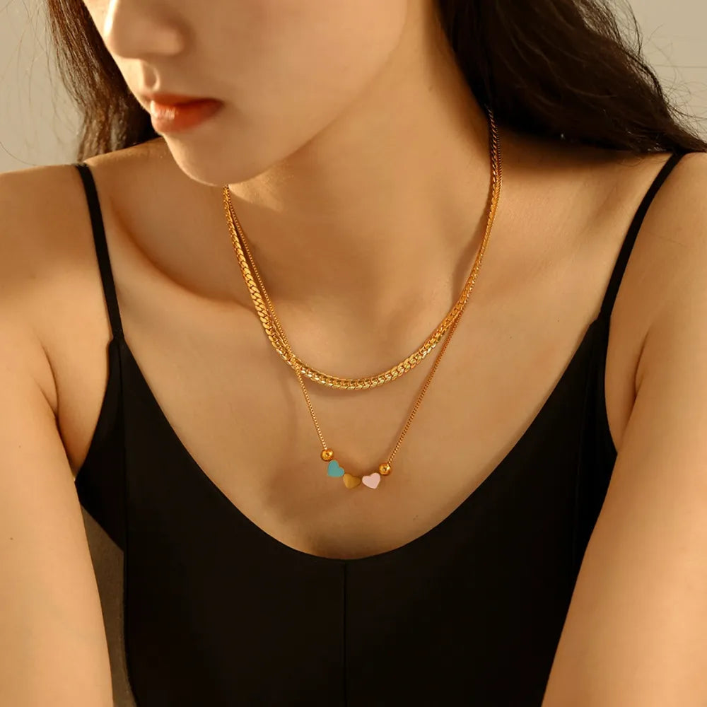 18K Gold-Plated Double Layered Heart Necklace in Gold - women's layered necklace