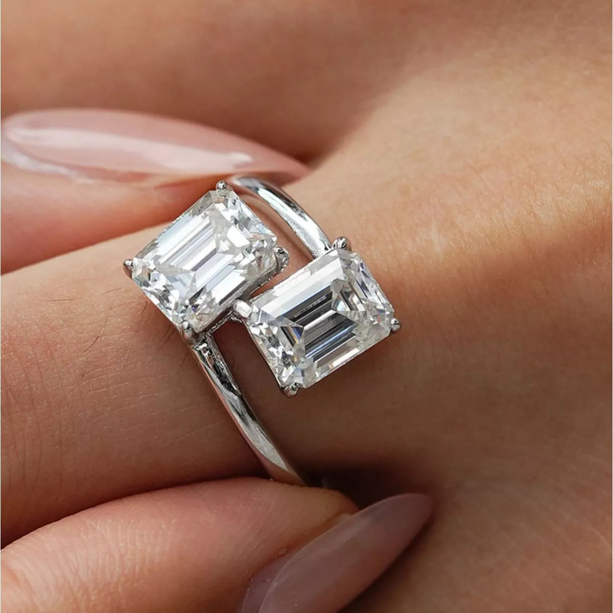 2 Carat Moissanite Sterling Silver Bypass Ring in Silver - women's ring
