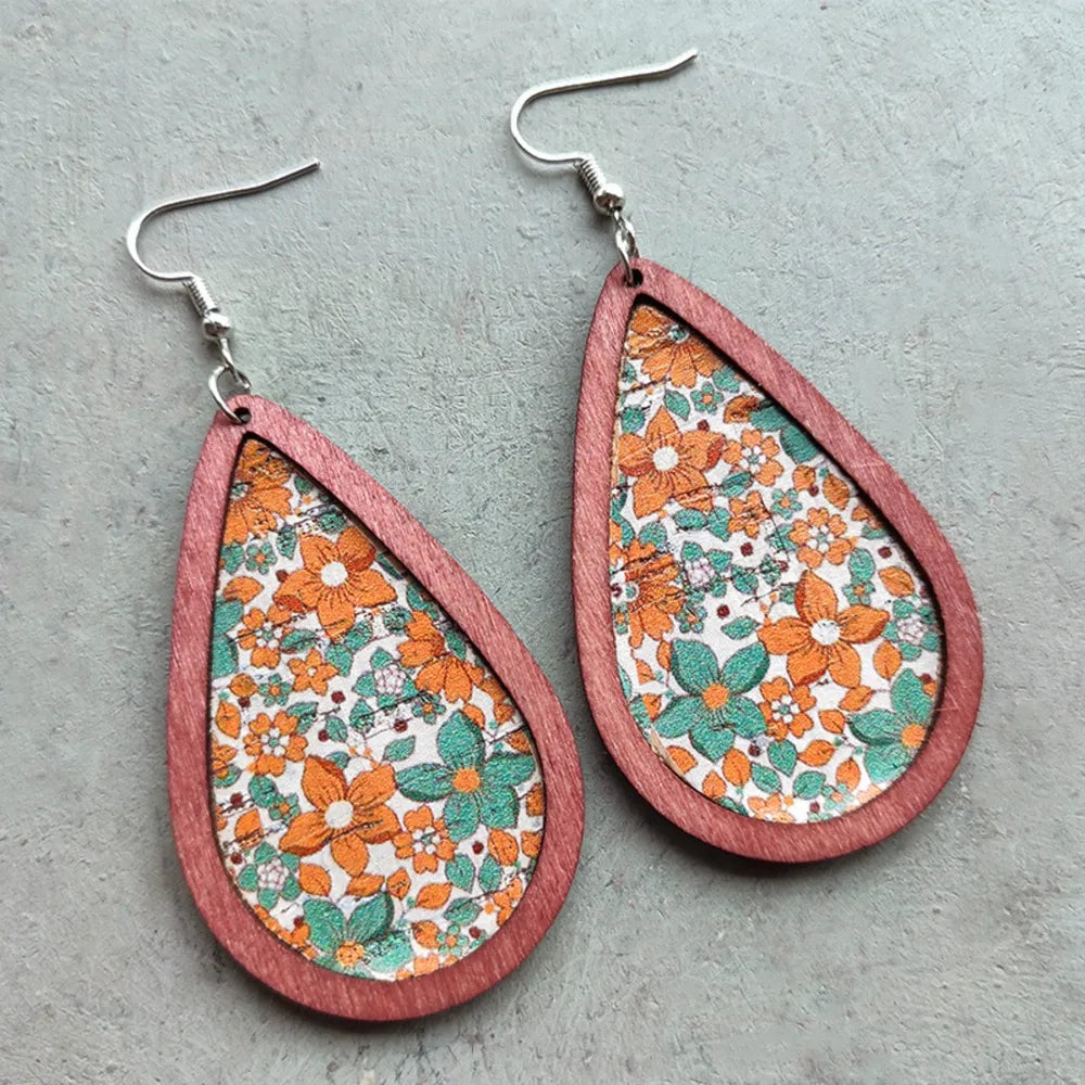 Floral Wood Teardrop Earrings in Caramel - women's drop earrings
