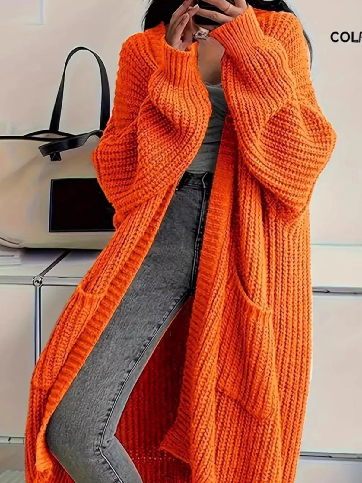 Chunky-Knit Openwork Front Longline Cardigan in Medium Gray - women's cardigan