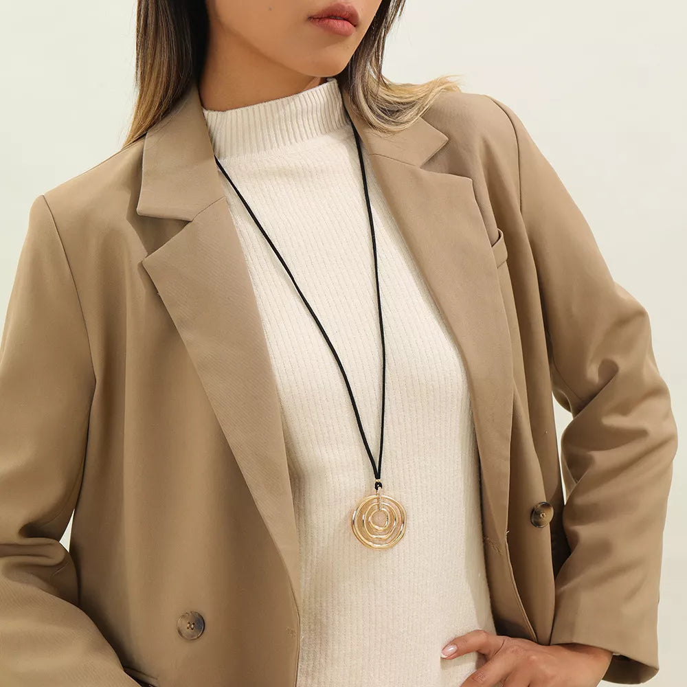Minimalist Geometric Gold-Tone Pendant Long Necklace with Black Cord in Gold - women's pendant necklace