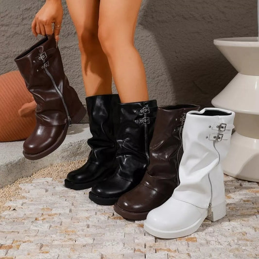 Mid-Calf Slouchy Buckle Boots in Coffee Brown - women's mid-calf boots