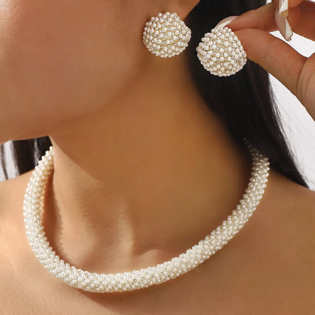 Pearl Embellished Earrings and Necklace Set - alternate necklace view