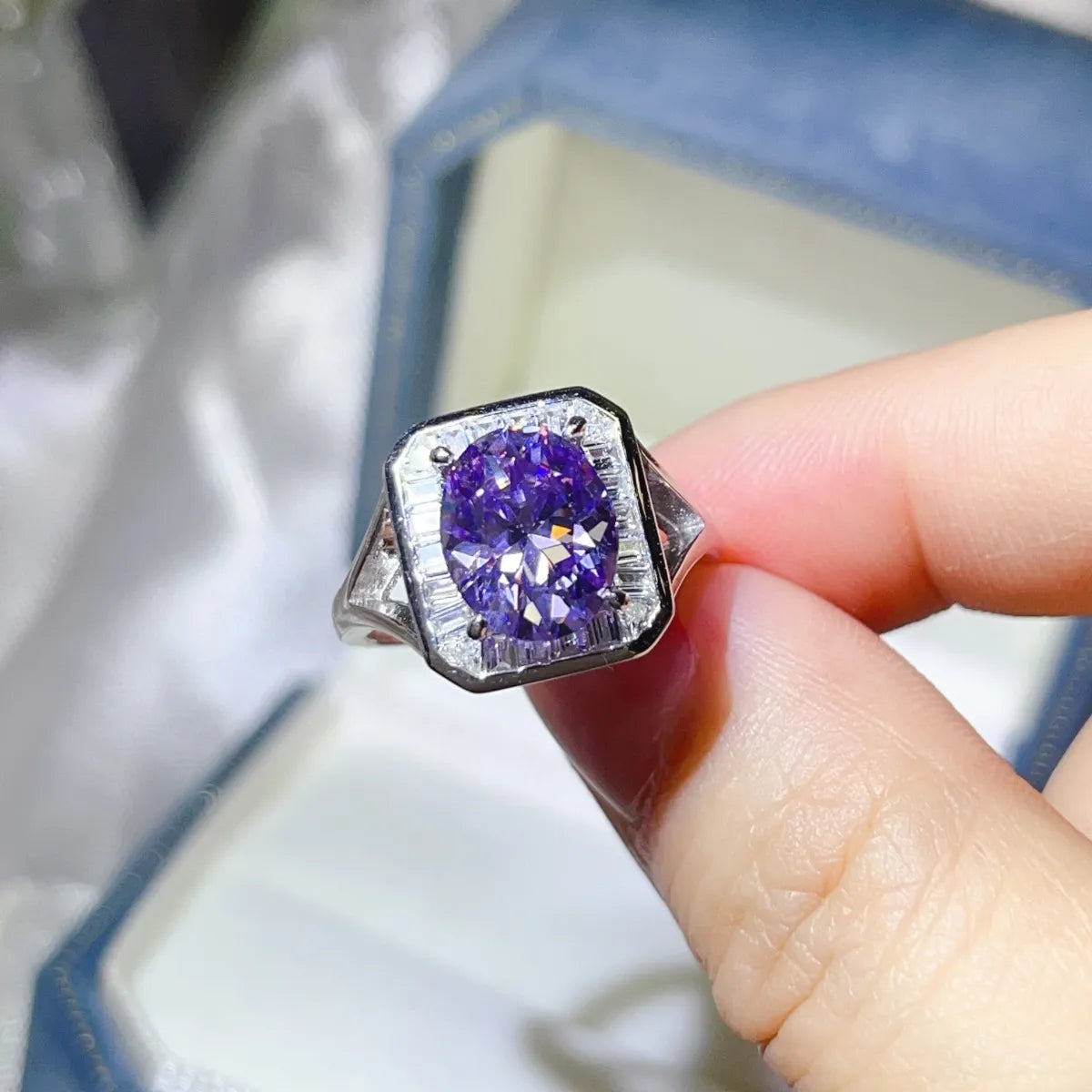 3 Carat Moissanite Square Ring in Pink Purple - women's ring
