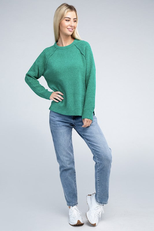 Chenille Side‑Slit Crew Sweater