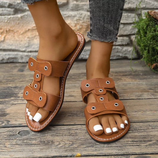 Open-Toe Flats Sandals in Brown - women's flat sandals