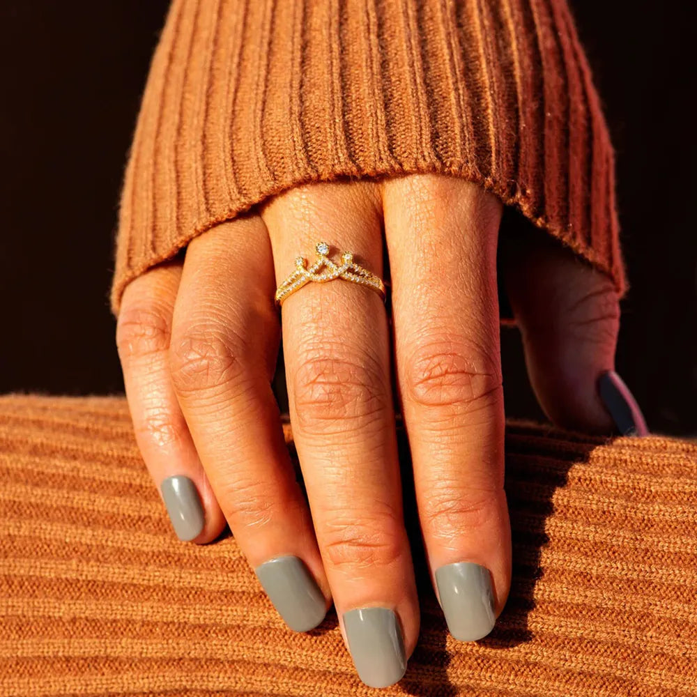 Crown Shape Inlaid Zircon Sterling Silver Ring in Gold - women's ring