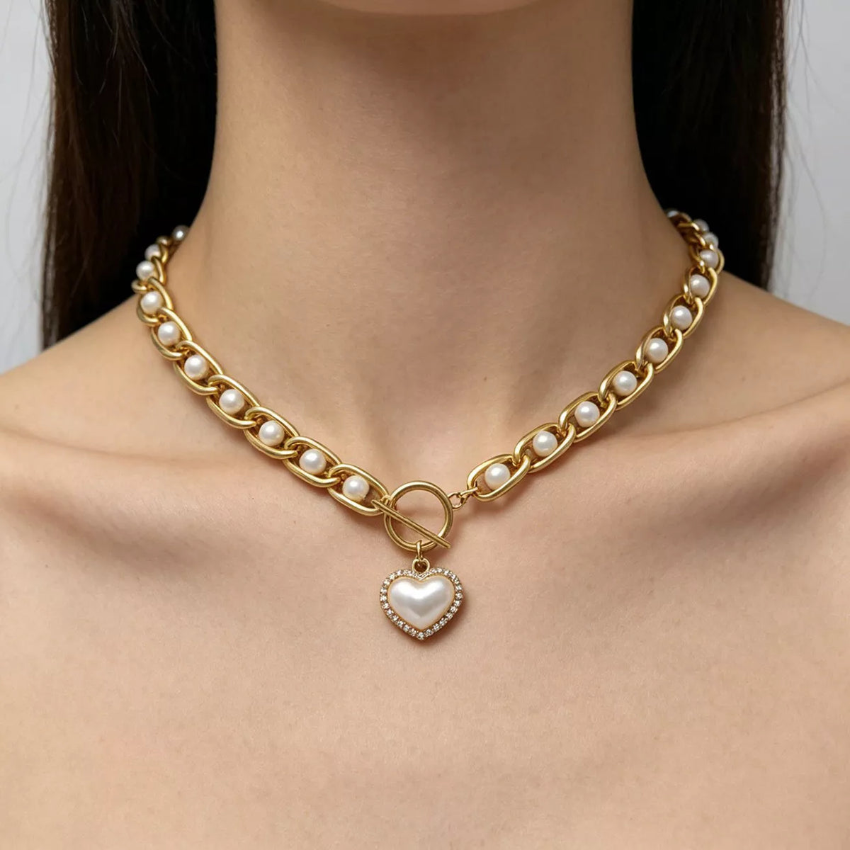 Chunky Pearl and Heart Pendant Necklace - alternate necklace view