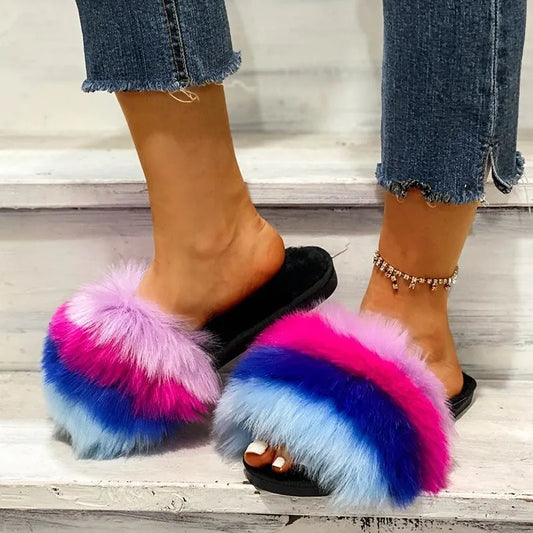 Fuzzy Open-Toe Flats Sandals in Yellow - women's flat sandals