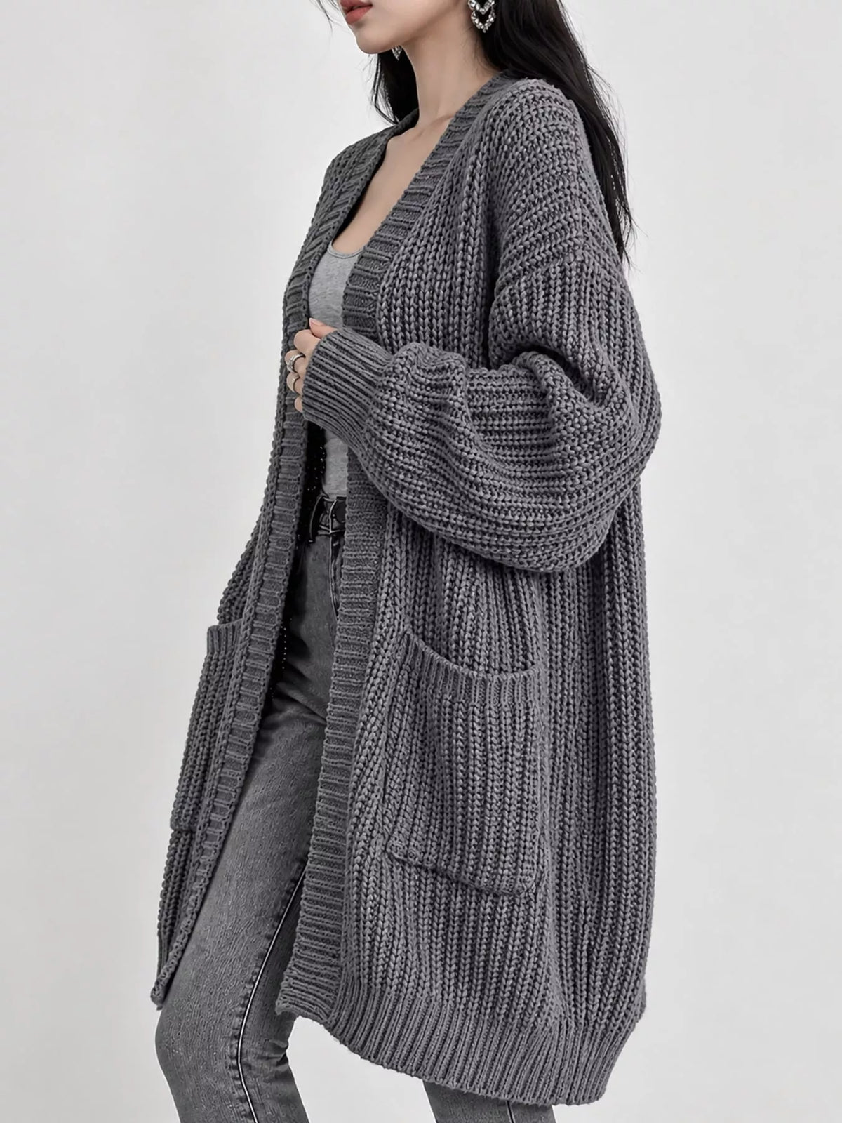 Chunky-Knit Openwork Front Longline Cardigan in Apricot - women's cardigan