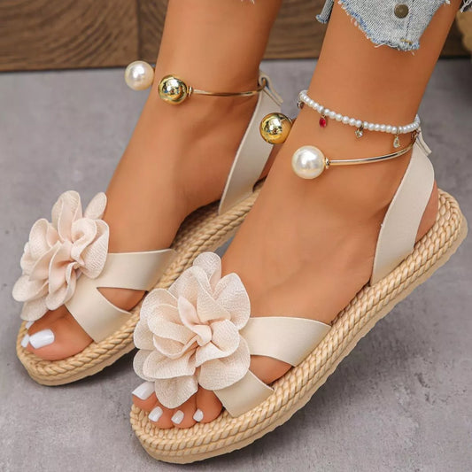 Flower Open-Toe Sandals in Beige - women's flat sandals