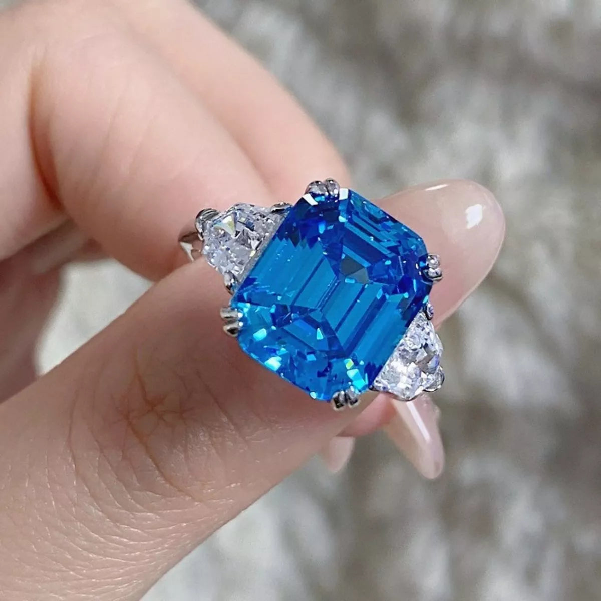 Sterling Silver Zircon Square Ring in Cerulean - women's ring