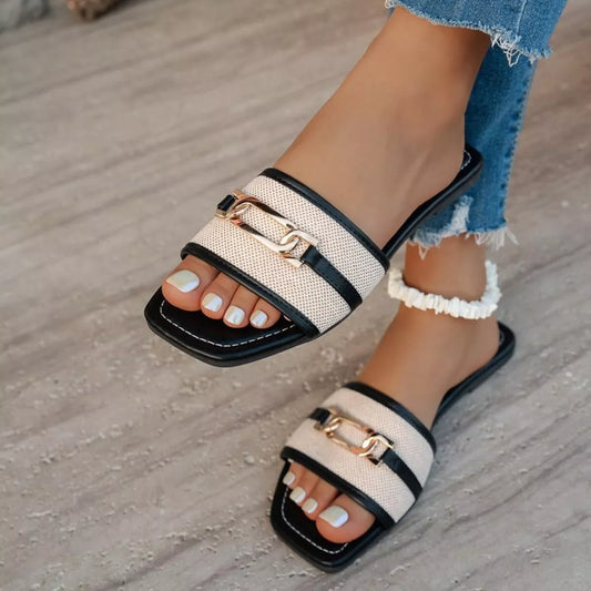 Open-Toe Flats Sandals in Black And White - women's flat sandals