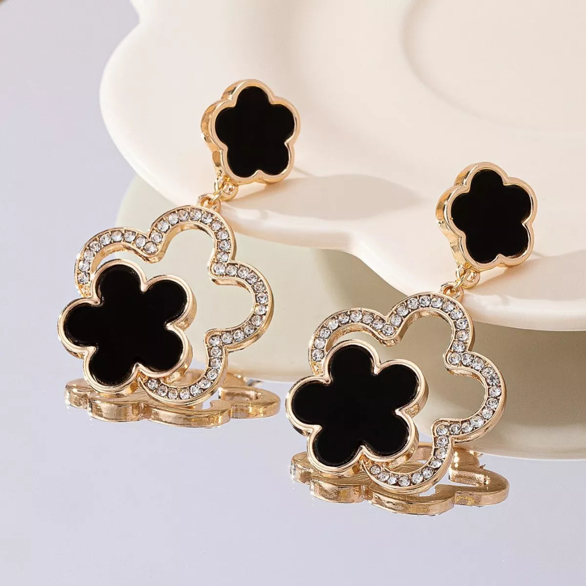 Lucky Clover Dangle Earrings with Rhinestone Accents in White - women's dangle earrings