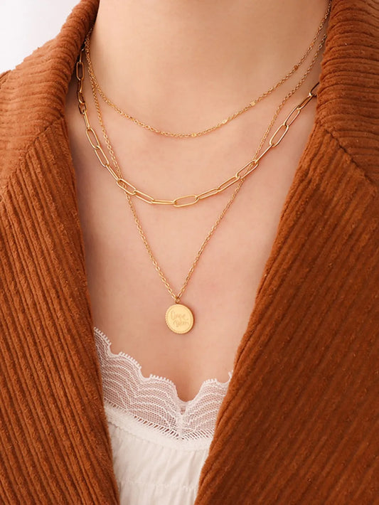 18K Gold-Plated Three-Layered Engraved Necklace in Gold - women's layered necklace