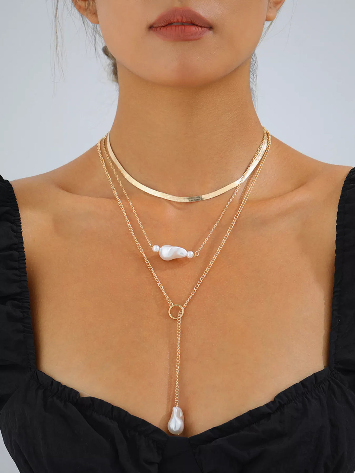 18K Gold-Plated Three Layered Pearl Necklace in Gold - women's layered necklace