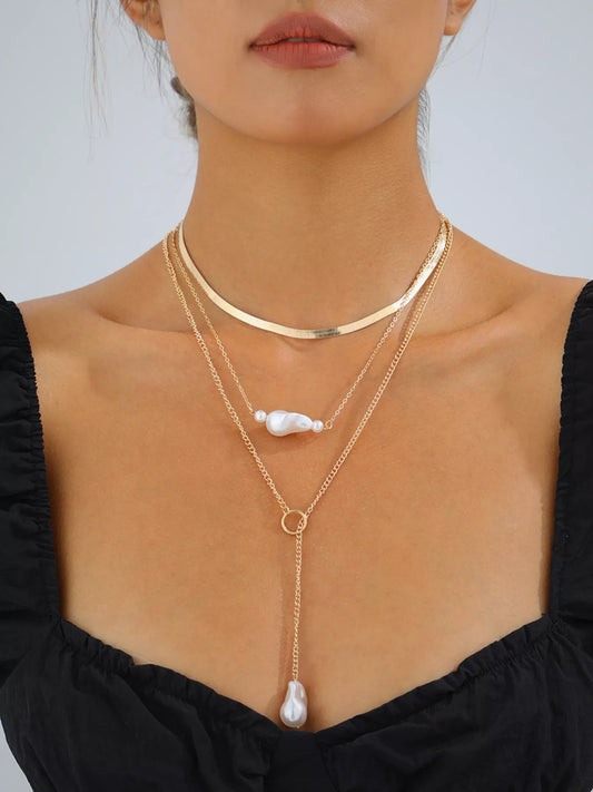18K Gold-Plated Three Layered Pearl Necklace in Gold - women's layered necklace