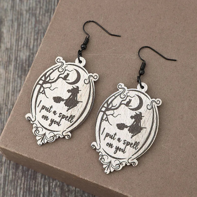 Witch Wooden Dangle Earrings - alternate earring view