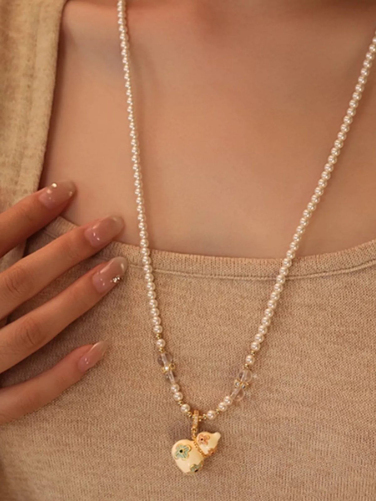 18K Gold-Plated Gourd Pendant Necklace in White - women's pendant necklace