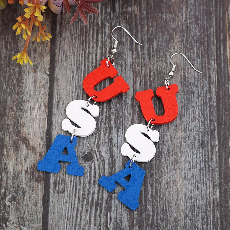 USA Wooden Letter Dangle Earrings - alternate earring view