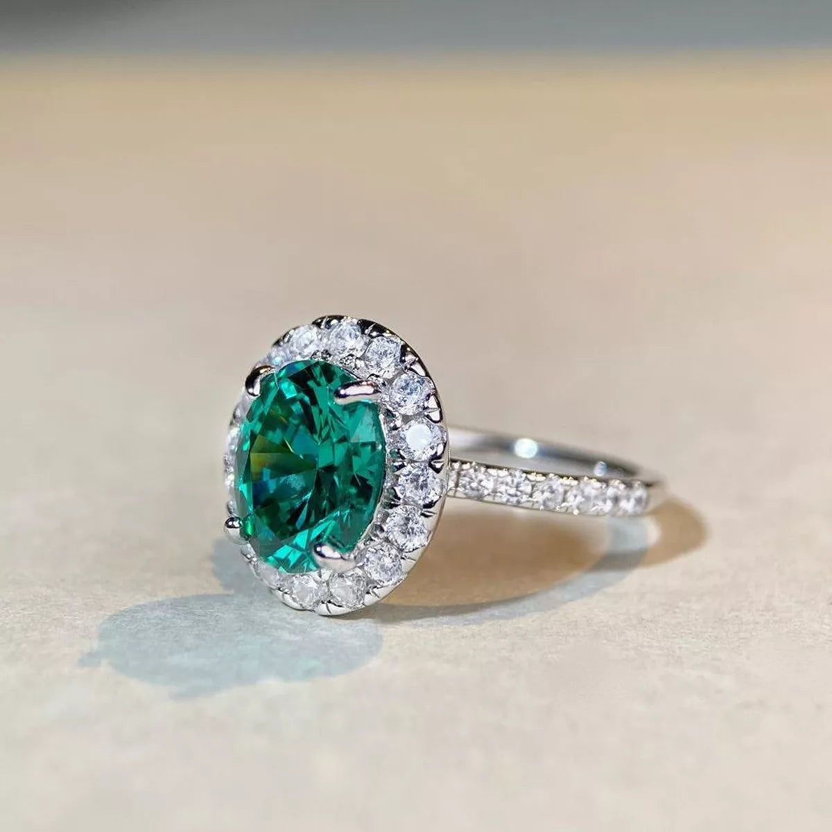 Sterling Silver Oval Zircon Ring in Dark Green - women's ring
