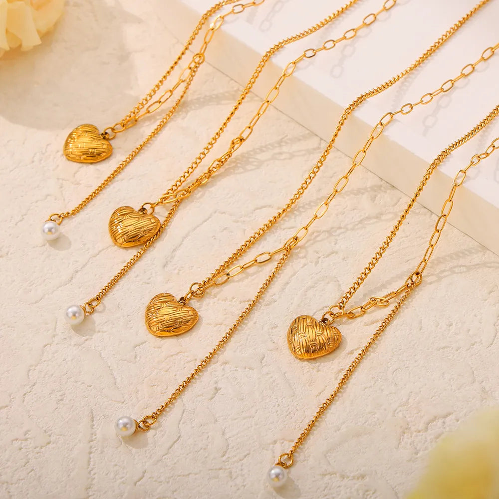 Titanium Steel Imitation Pearl Heart Pendant Necklace - alternate necklace view
