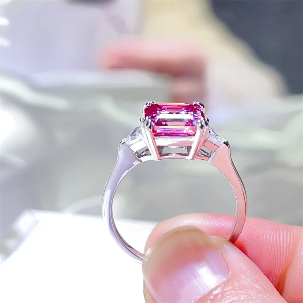 3 Carat Moissanite Sterling Silver Ring in Pink Purple - women's ring