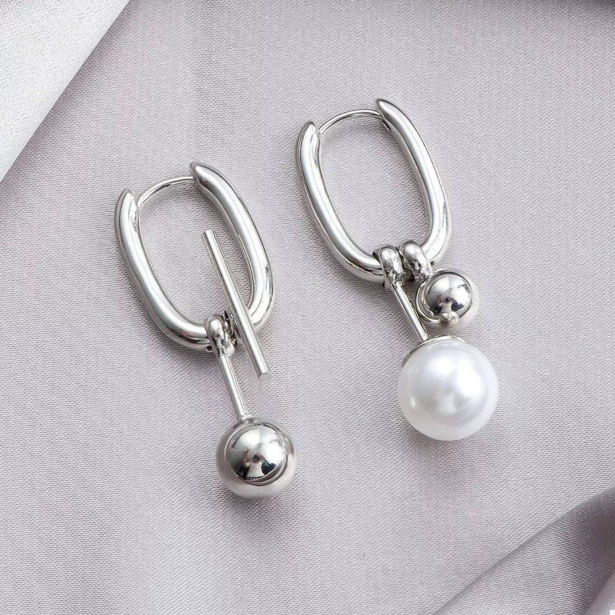 Asymmetrical Pearl Drop Hoop Earrings - alternate earring view