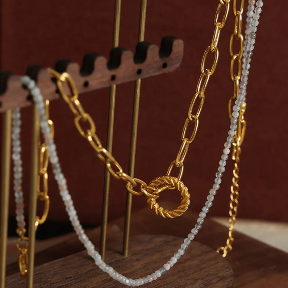 Beaded Double-Layered Titanium Steel Necklace - alternate necklace view
