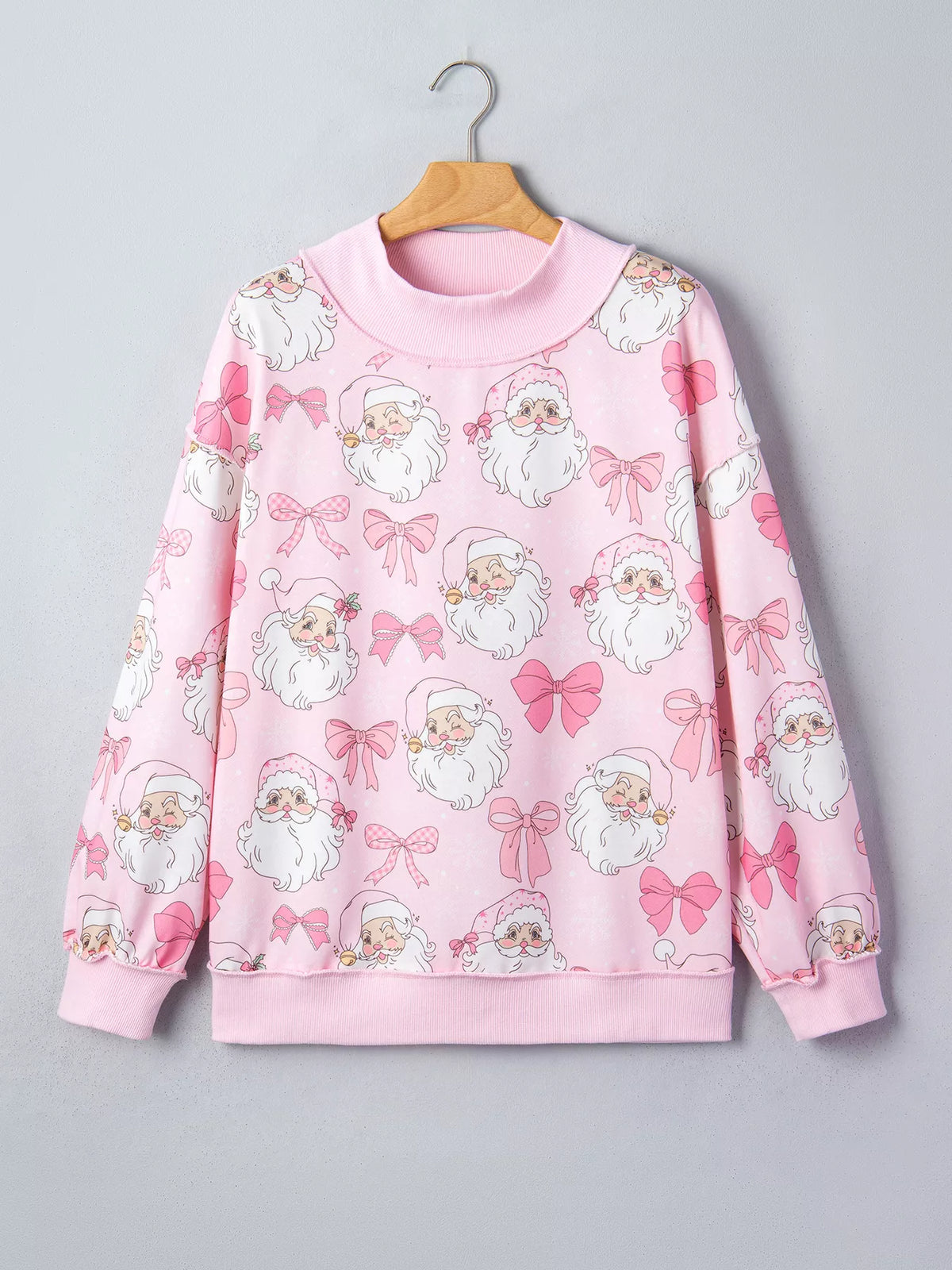 Abstract Santa Print Dropped-Shoulder High-Neck Sweatshirt in Blush Pink - women's sweatshirt