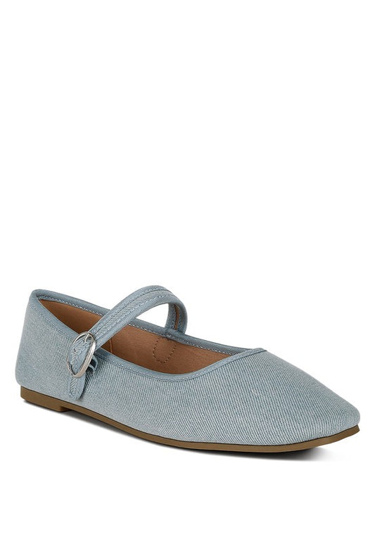 Classic Denim Ballerinas with a comfortable flat heel, plush cushion insoles, and durable TPR outer sole. Featuring a closed almond toe and side pin buckle ankle strap for added style. Made with high-quality denim, these ballerinas are perfect for both casual and dressy occasions. Free shipping on all orders. Shop now!