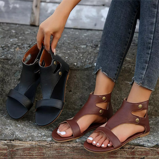 Open-Toe Cutout Sandals in Black - women's flat sandals