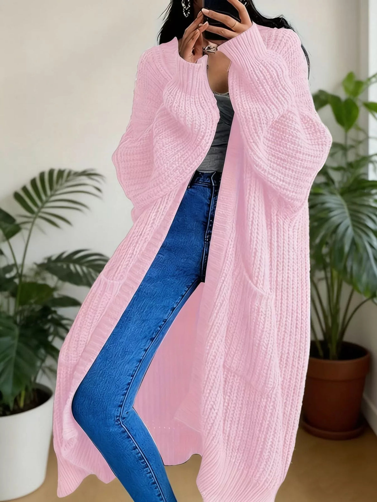 Chunky-Knit Openwork Front Longline Cardigan in Medium Gray - women's cardigan