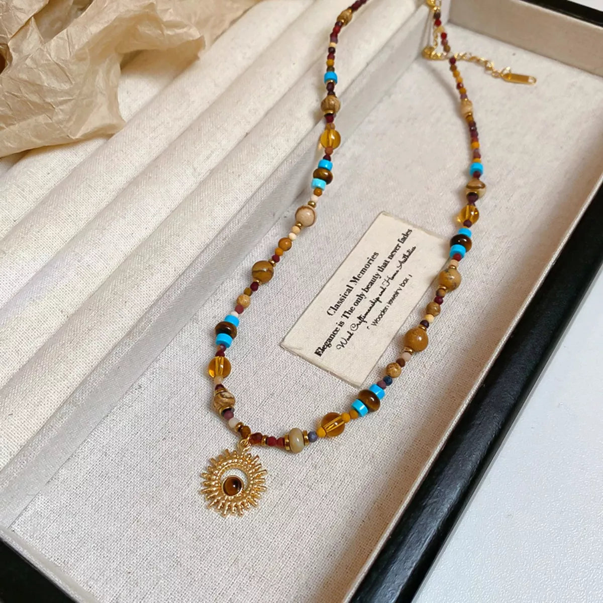 Multi-Color Beaded Sunflower Pendant Necklace - alternate necklace view
