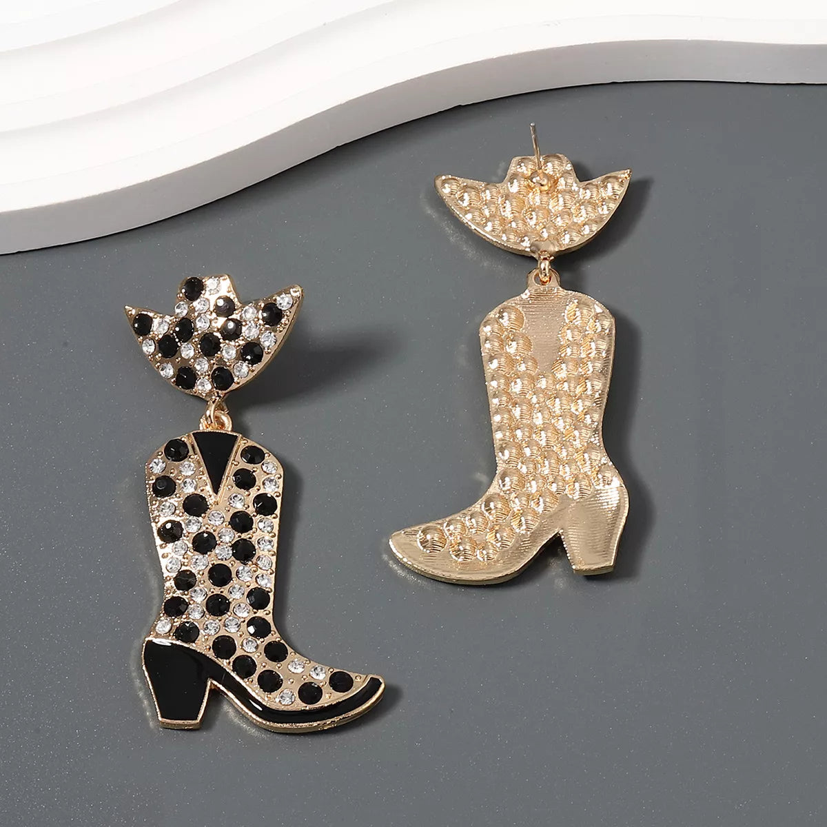 Rhinestone Cowboy Boot Dangle Earrings - alternate earring view