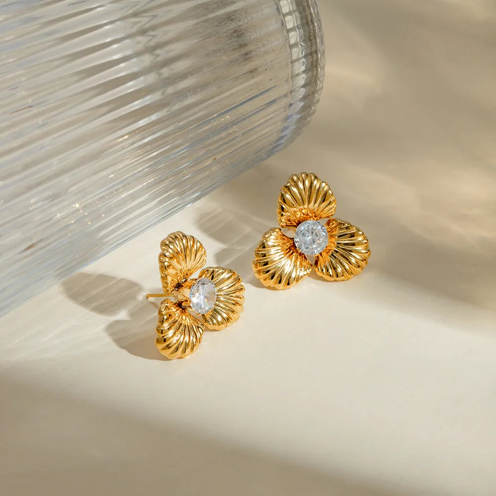 Stainless Steel Zircon Flower Shape Earrings - alternate earring view