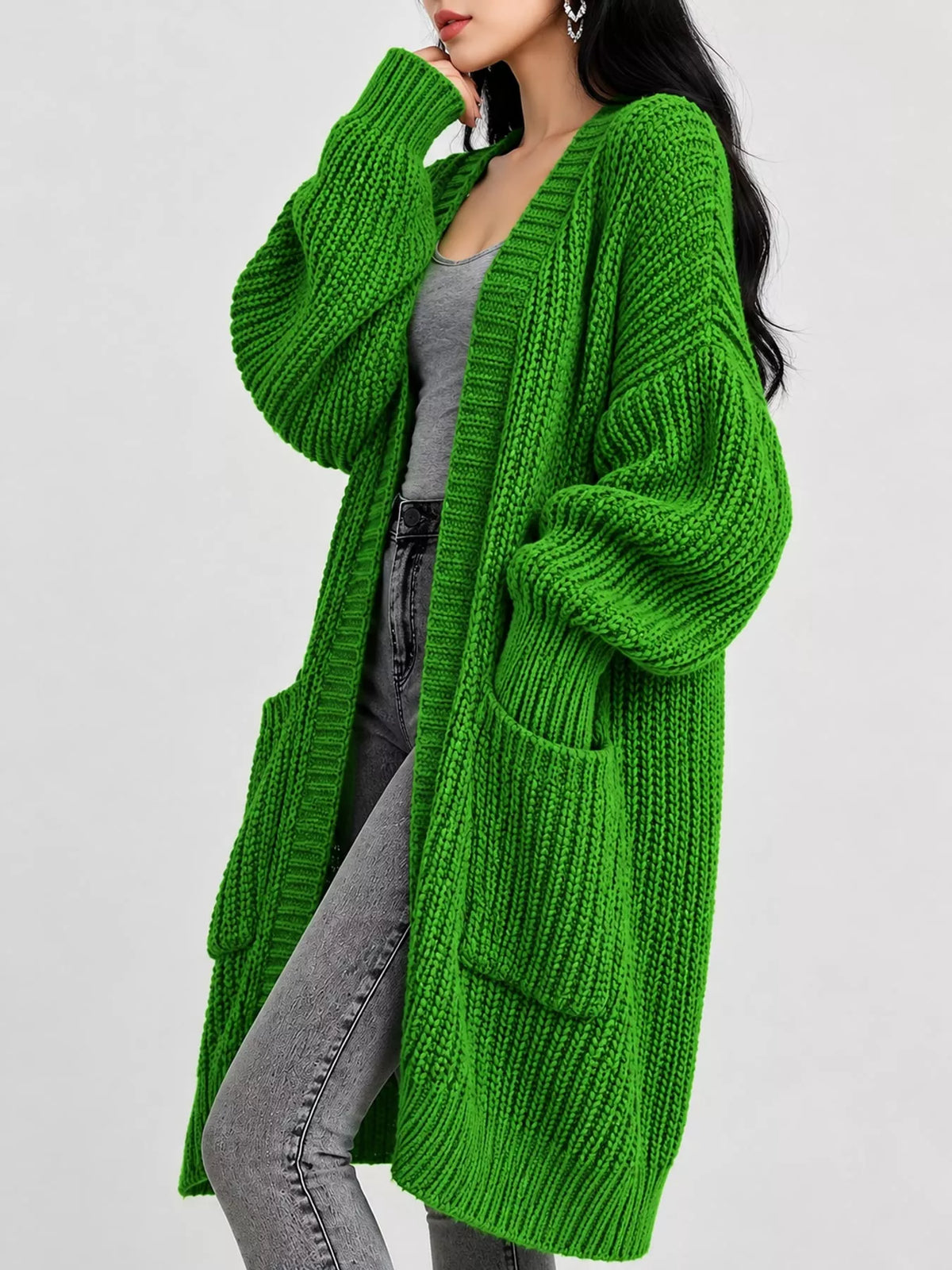 Chunky-Knit Openwork Front Longline Cardigan in Green - women's cardigan