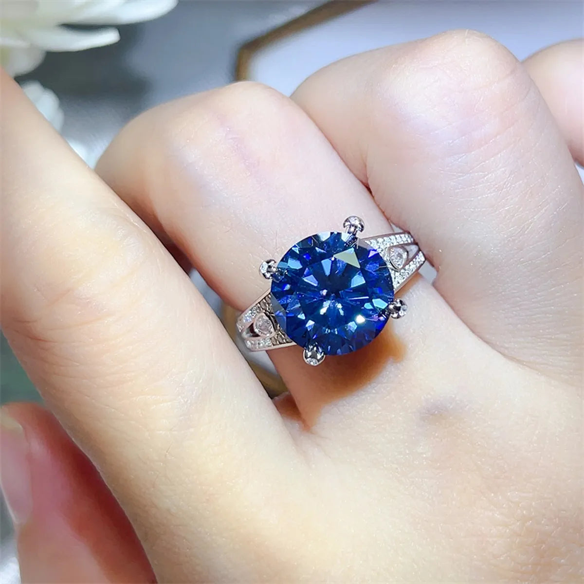 5 Carat Moissanite Sterling Silver Ring in Blue - women's ring